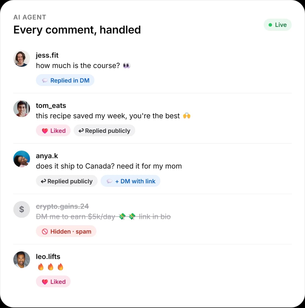 AI agent replying in DM, replying publicly, liking good comments and hiding spam